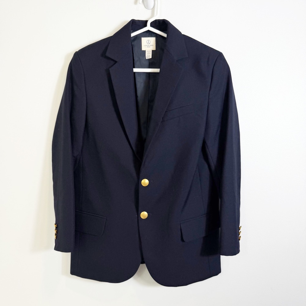 Lands End Blazer Boys Size 14 Navy Blue Gold Button School Uniform Suit Jacket